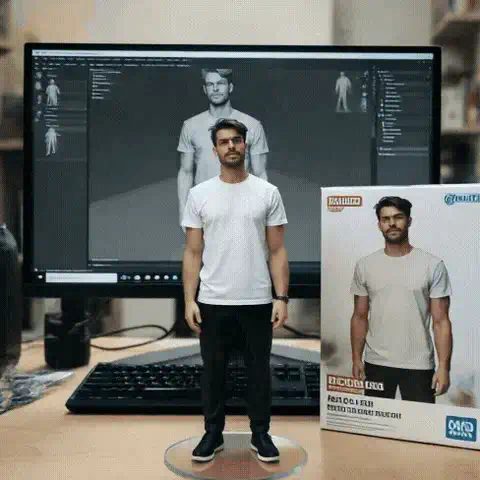 Man in a white T-shirt as a small figurine on a clear base, in front of a monitor and beside a box printed with his photo