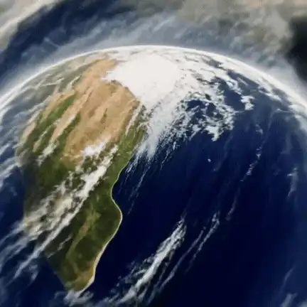 Earth zoom AI video: the camera dives from orbit through clouds and city blocks to a smiling man in a park
