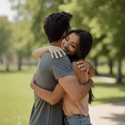 AI hug video: a man and a woman in a sunny park turn to each other and hug