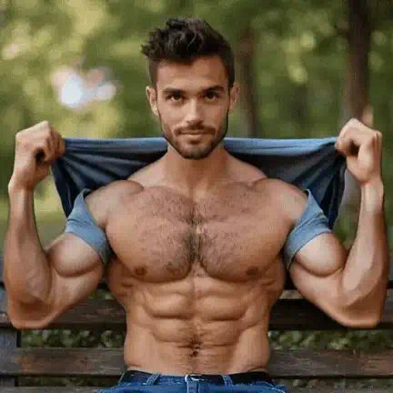 AI muscle filter video: a bearded man on a park bench pulls off his blue T-shirt to reveal a ripped six-pack