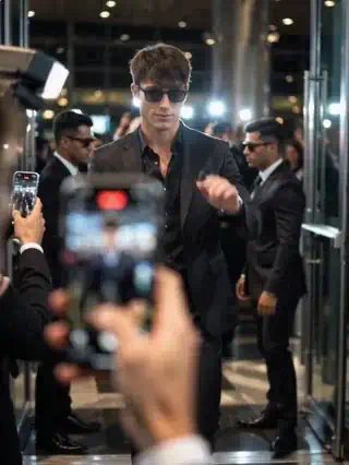 Man in a black suit and sunglasses walks through a terminal with bodyguards while people film him on phones