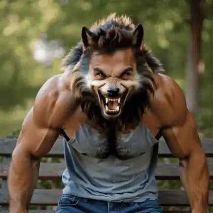 Man on a park bench transforming into a snarling werewolf with pointed ears, fangs and a torn T-shirt