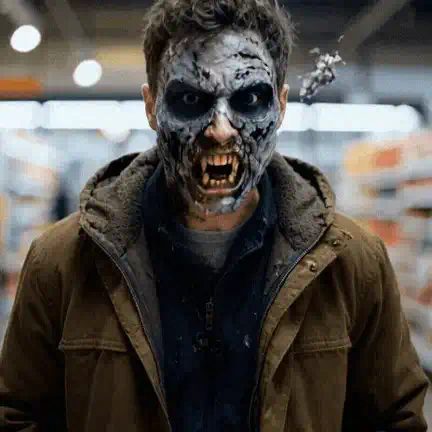 Man in a brown jacket in a supermarket aisle turning into a grey-skinned zombie with black eyes and fangs